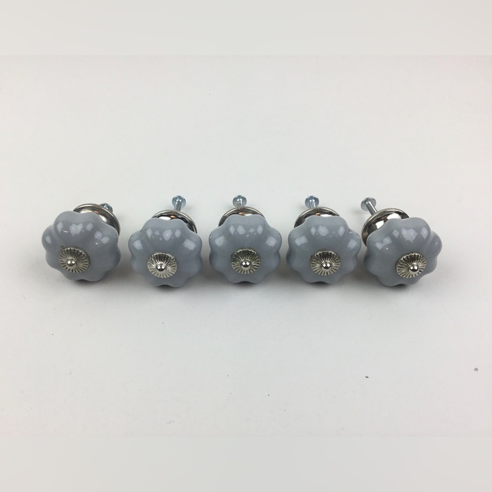 Set of 5 Vintage Style Grey Ceramic Pumpkin Cabinet Door Knobs Drawer Pulls